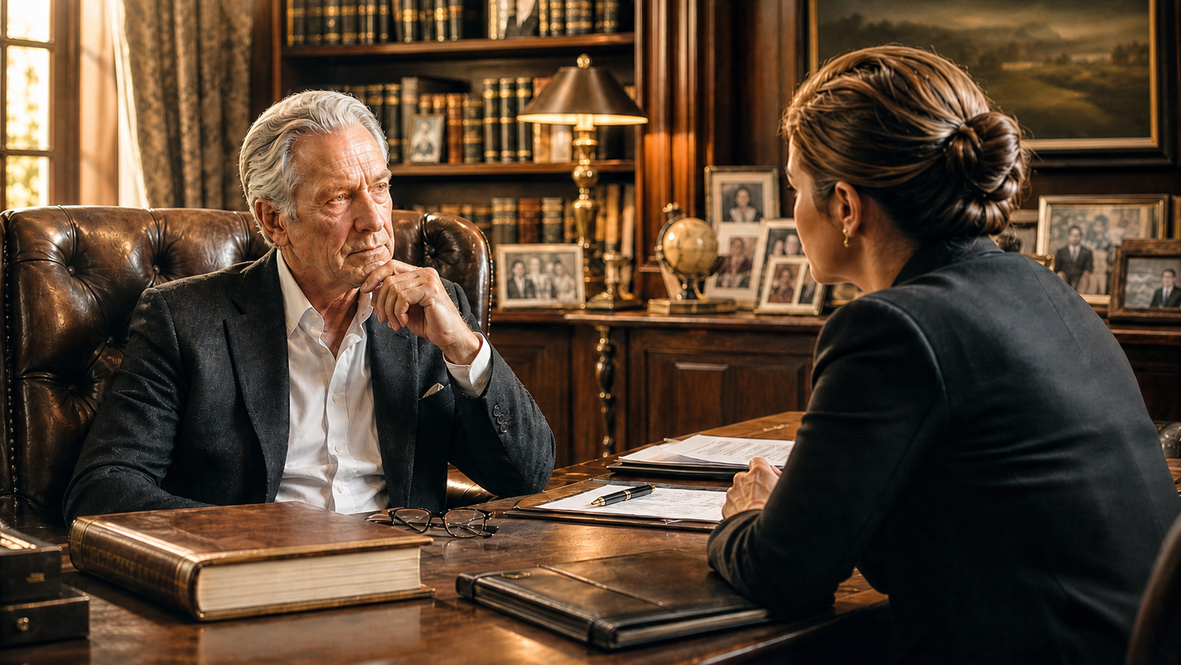 Founder discussing a legacy memoir with an advisor beside estate-planning documents and family photographs.