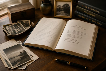 Open private legacy memoir with family photographs and handwritten notes