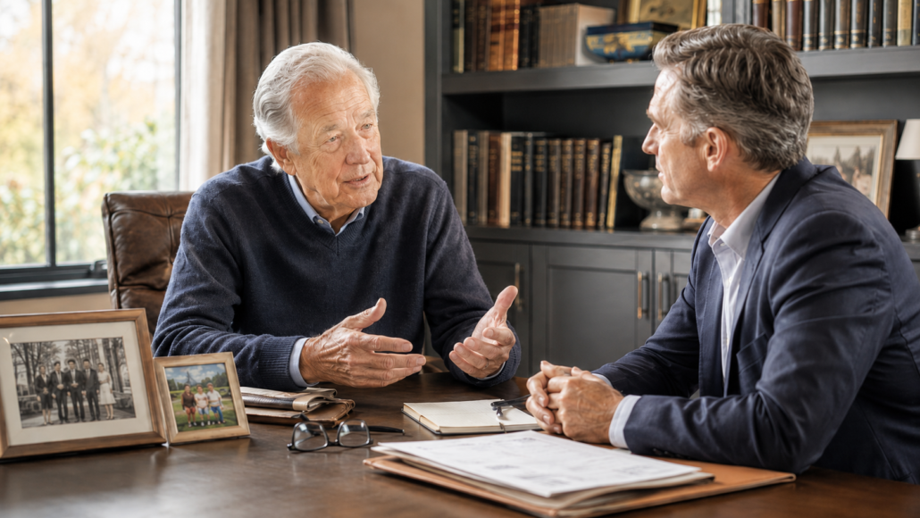 Advisor and client in a reflective conversation about family legacy, wealth transfer, values, and preserving the meaning of a life through a legacy memoir.