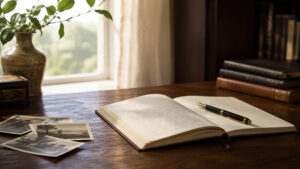 Open journal, fountain pen, and family photographs suggesting the preservation of memory, voice, and family legacy.
