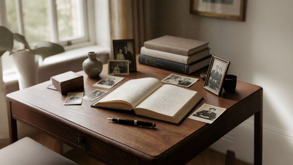 Open private legacy memoir with family photographs and handwritten notes