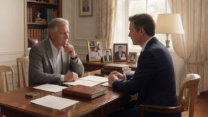 Advisor discussing a legacy memoir with a high-achieving client before a family wealth transfer.
