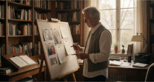 Older man planning a memoir with family photographs, notes, and a whiteboard in a warm library.
