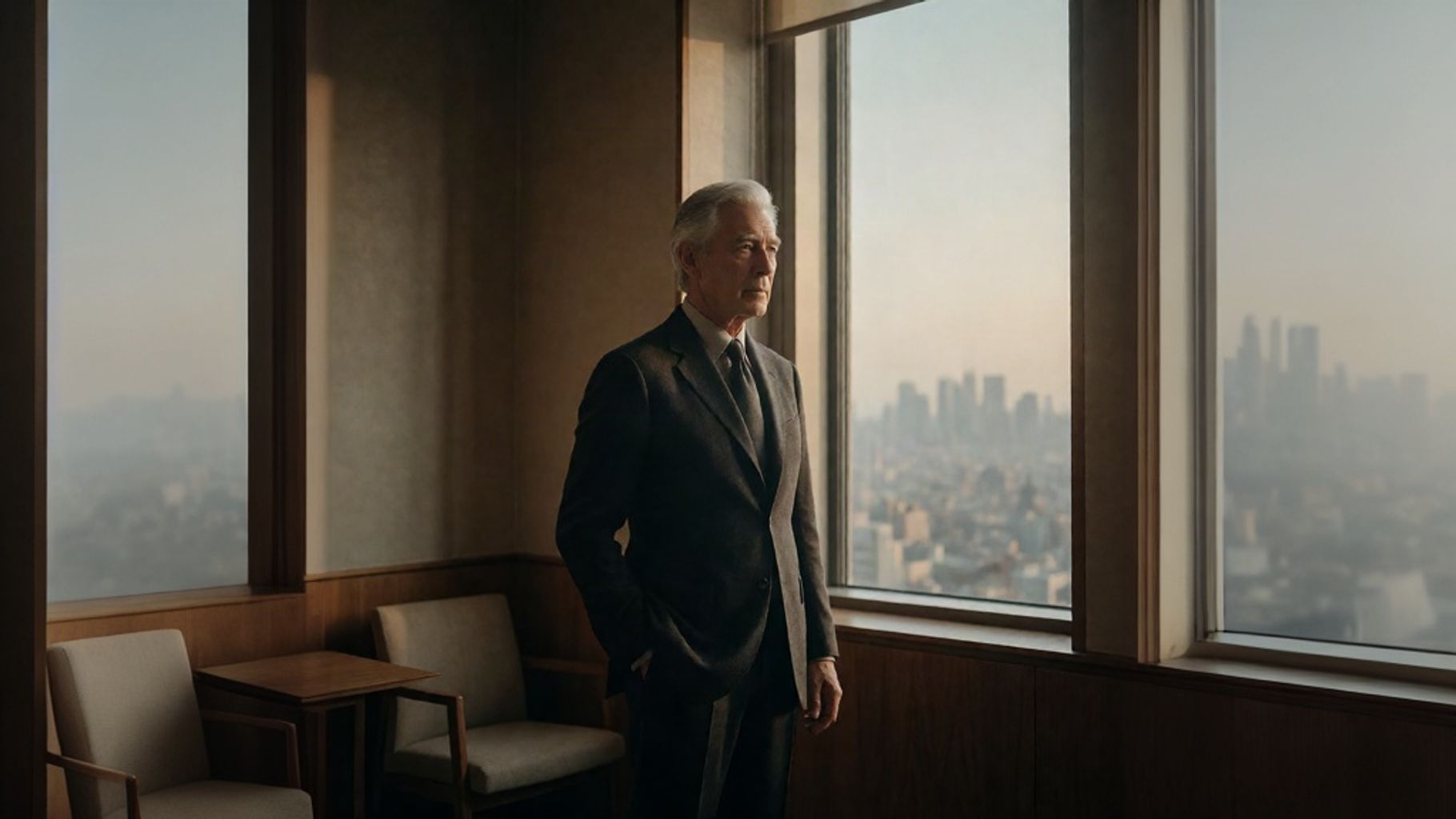 Business leader overlooking a city skyline while reflecting on memoir as a final act of leadership.