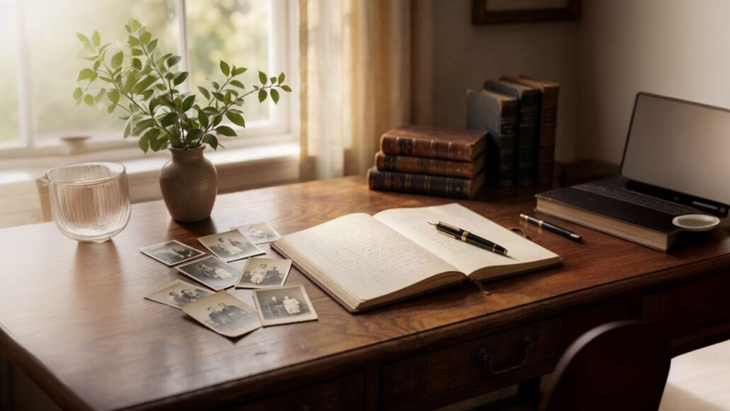 Open journal, fountain pen, and family photographs suggesting the preservation of memory, voice, and family legacy.