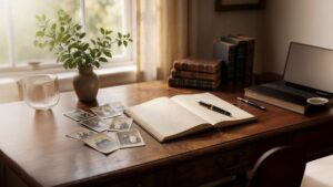 Open journal, fountain pen, and family photographs suggesting the preservation of memory, voice, and family legacy.