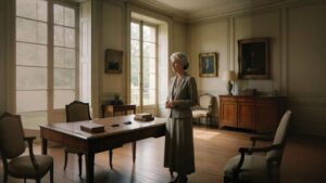 Retired professional reflecting in a quiet study as her life story begins to move beyond her title.