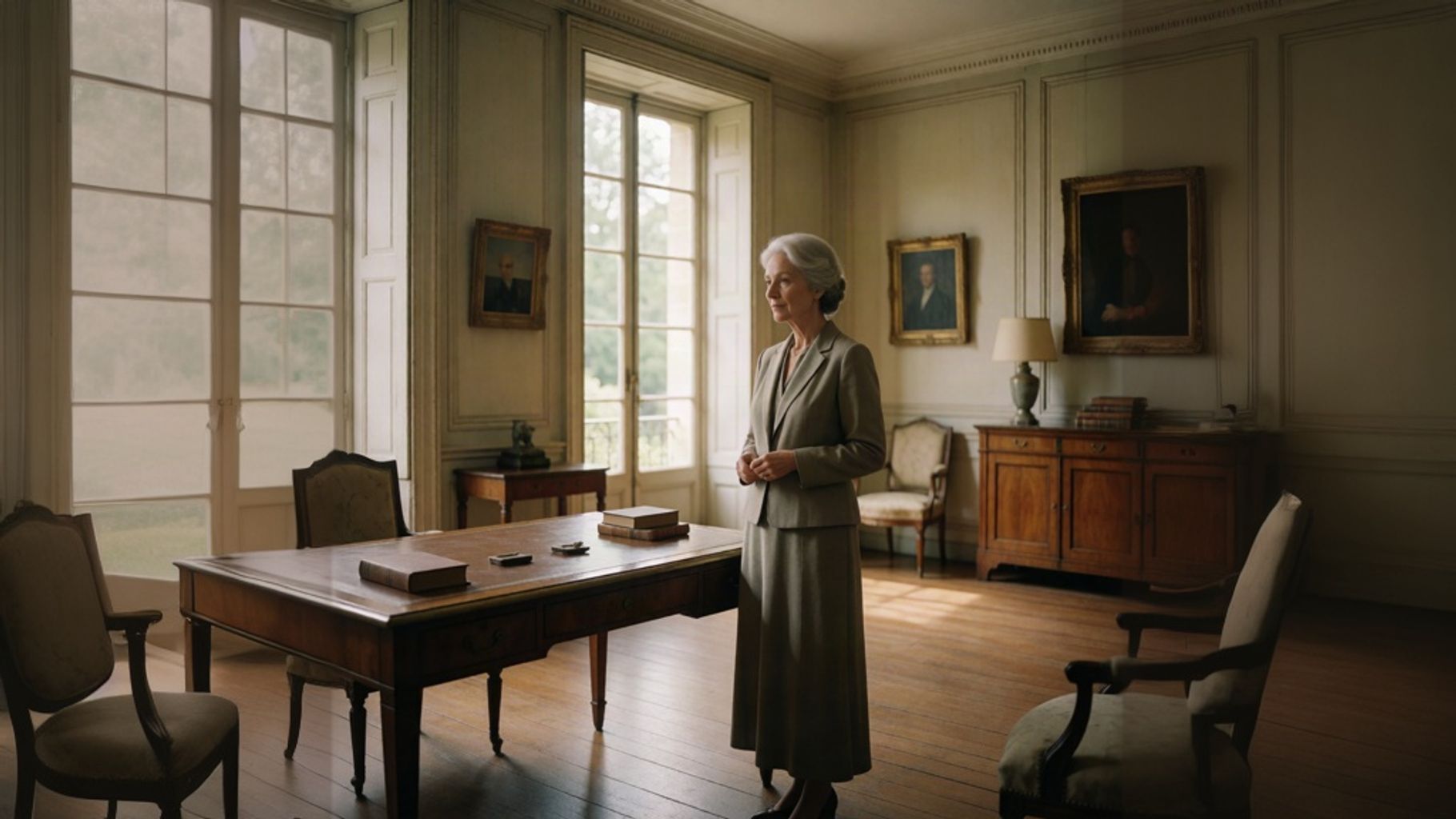 Retired professional reflecting in a quiet study as her life story begins to move beyond her title.