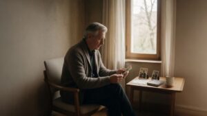 Man holding a keepsake by a sunlit window, reflecting on memories that may belong in a memoir.