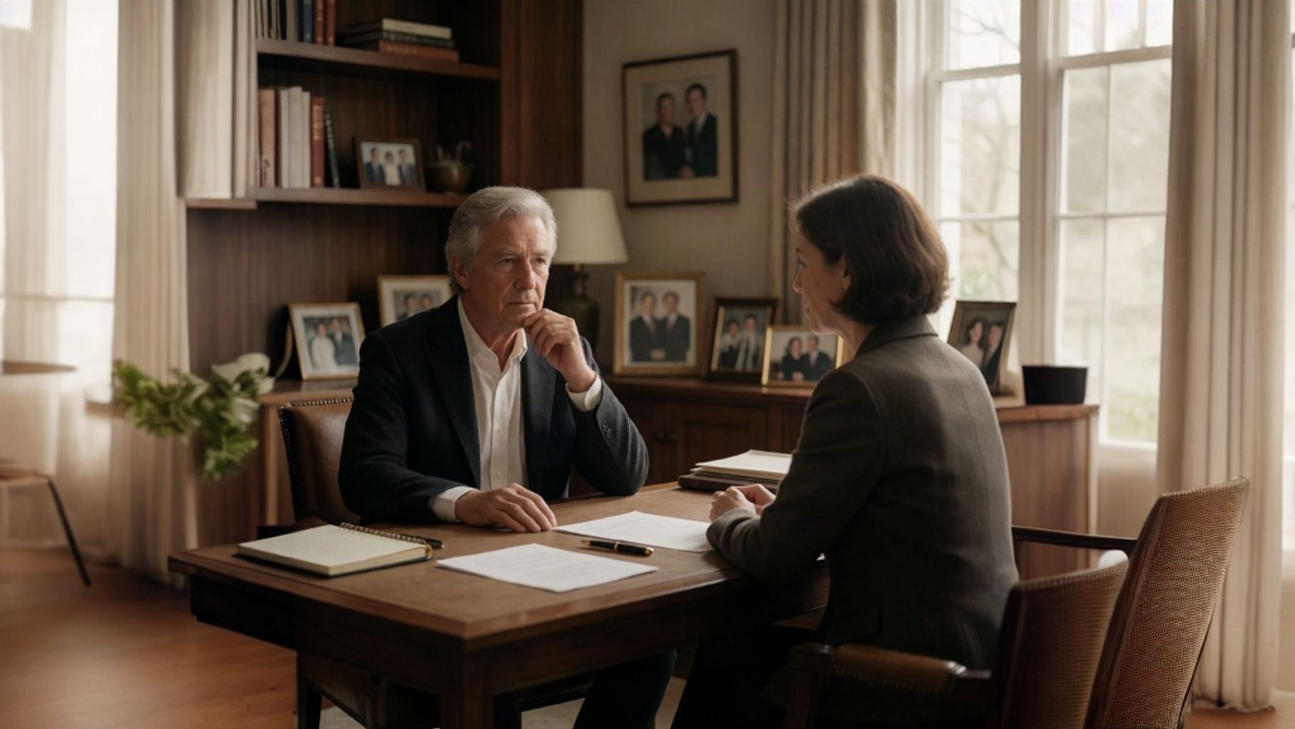 Founder discussing a legacy memoir with an advisor beside estate-planning documents and family photographs.