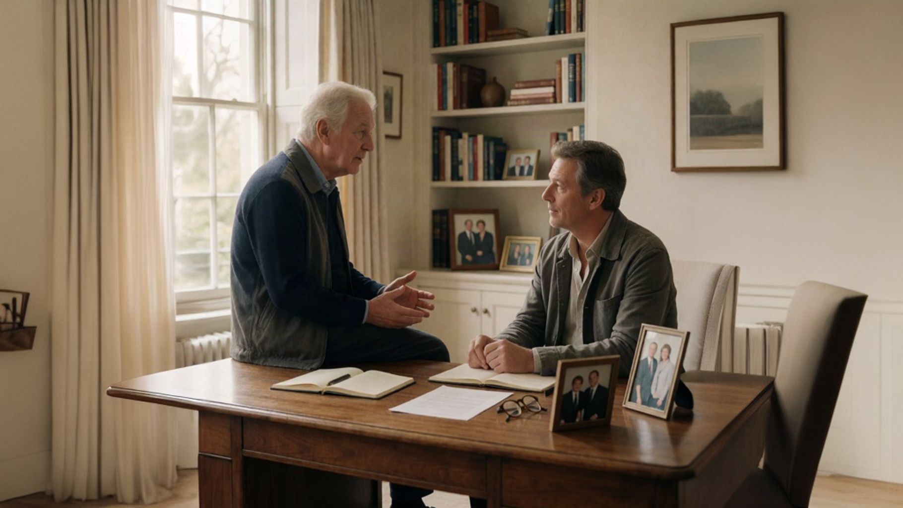 Advisor and client in a reflective conversation about family legacy, wealth transfer, values, and preserving the meaning of a life through a legacy memoir.
